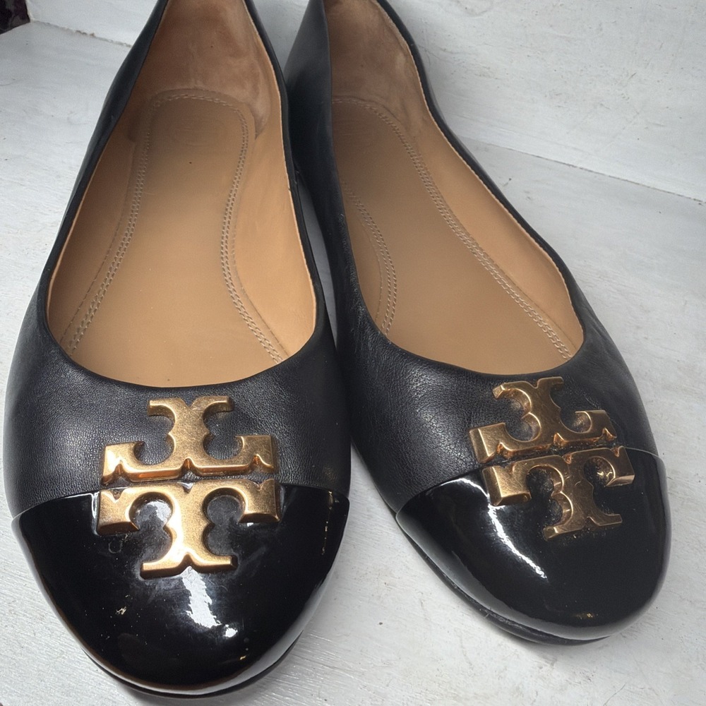 TORY BURCH Everly Cap Toe Ballet Flats Black Leather Women's Sz 7 Lk Nw